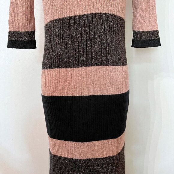MASSIMO DUTTI BLACK BRONZE GOLD PINK METALLIC STRIPED MIDI RIBBED KNIT DRESS - L - Picture 5 of 7